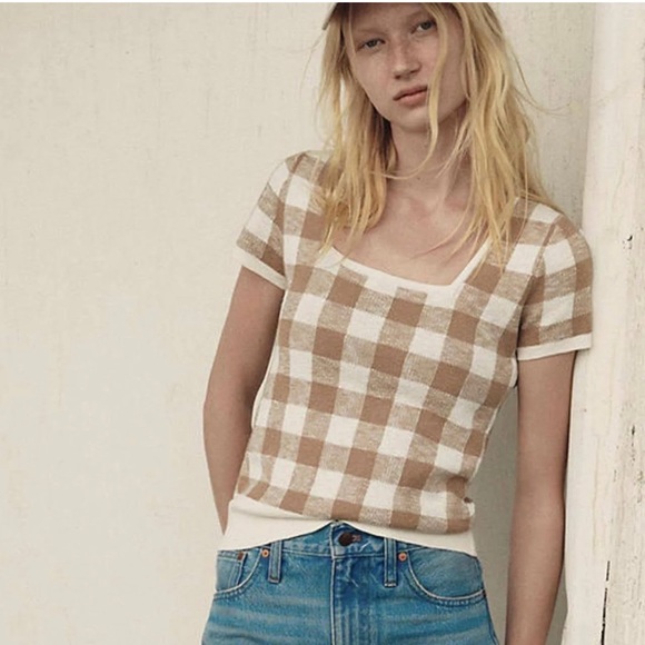 Madewell Square-Neck Sweater Tee in Gingham - Picture 1 of 7